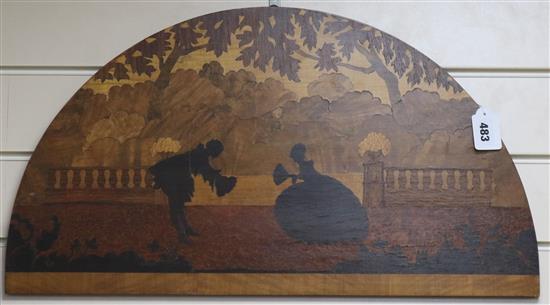 A 20th century Rowley Gallery? marquetry panel of a lady and gentleman in 18th century dress, demi-lune, 33 x 61cm